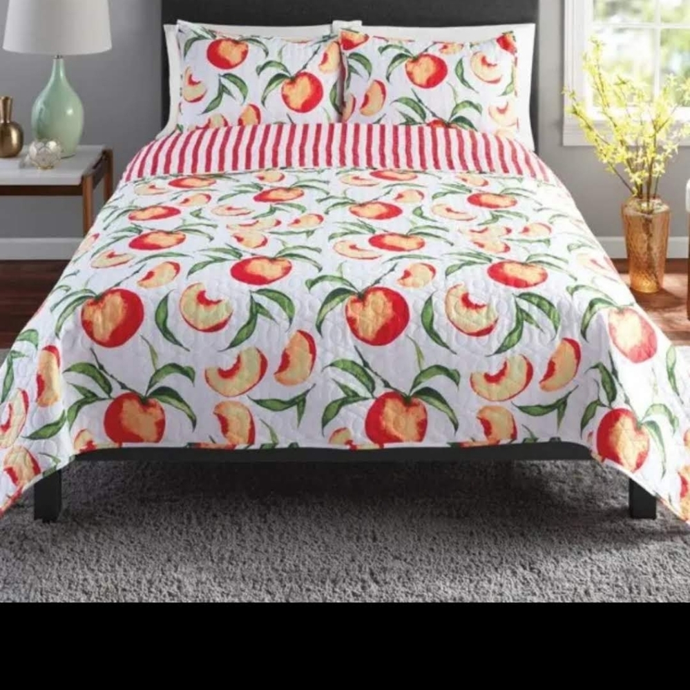 Peaches Stripe Reversible Quilt Set with Tote 4pc FULL QUEEN